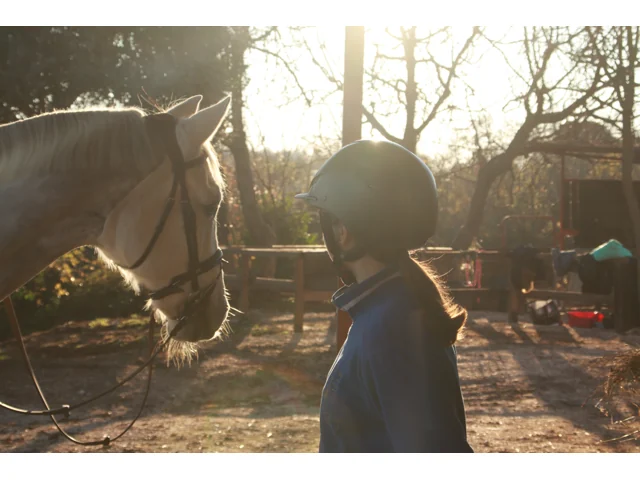 Allieva con un cavallo nella luce del pomeriggio